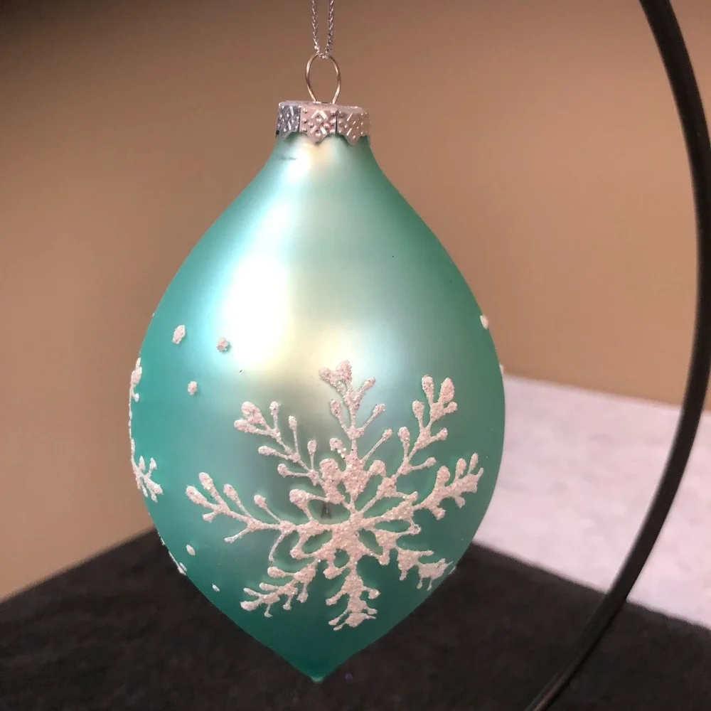 3 ~Vintage Teal Glass Ornaments Frosted White Glitter Snowflakes & Reflective 5
